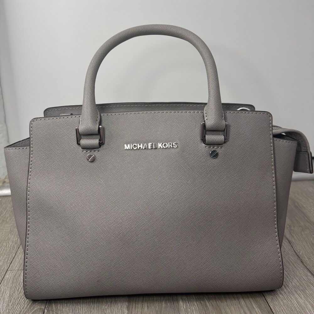 Michael Kors Gray Saffiano Leather Satchel Medium Crossbody Bag Silver Hardware